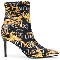 VERSACE WOMEN Baroque Logo Print Scarlett 85mm Heel Boots Black Gold